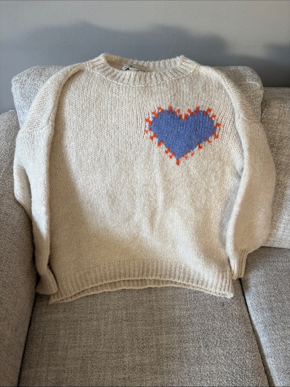 Vintage Havana Cream Knit Sweater Blue Heart Orange Stitching M/L Made in Italy